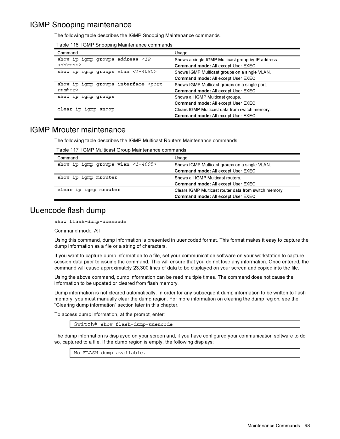 NEC N8406-022 manual Igmp Snooping maintenance, Igmp Mrouter maintenance, Uuencode flash dump 