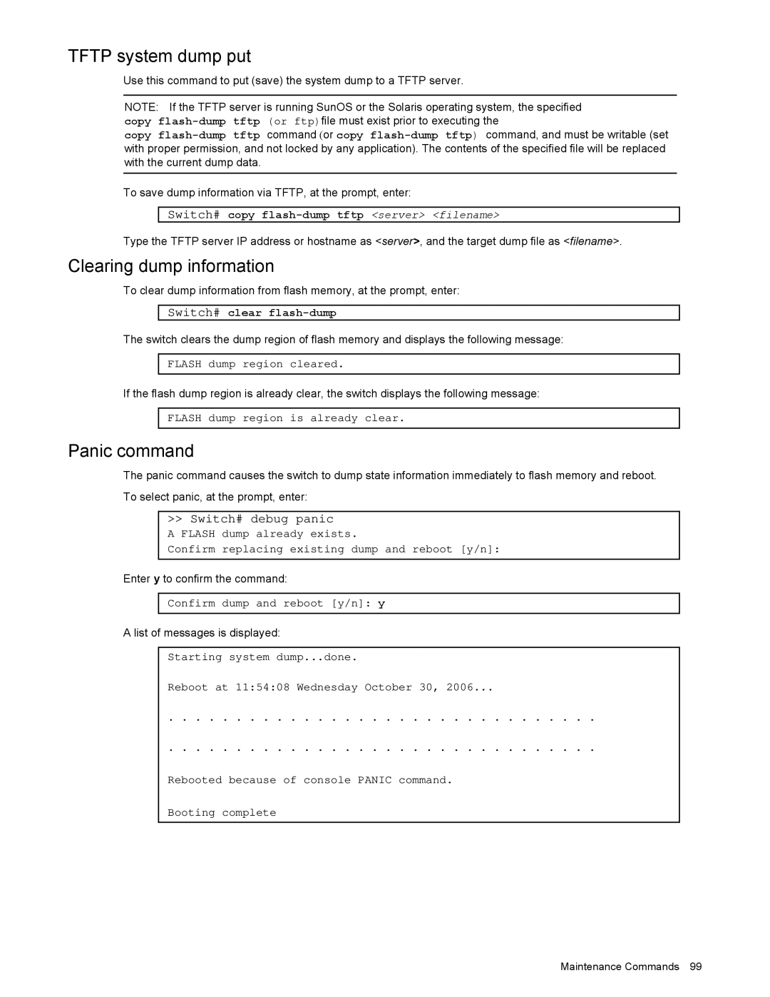 NEC N8406-022 Tftp system dump put, Clearing dump information, Panic command, Switch# copy flash-dump tftp server filename 