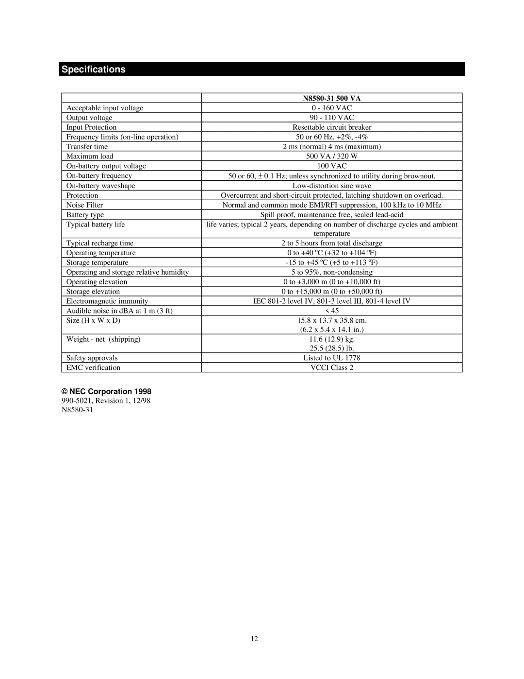 NEC user manual Specifications, N8580-31 500 VA, NEC Corporation 