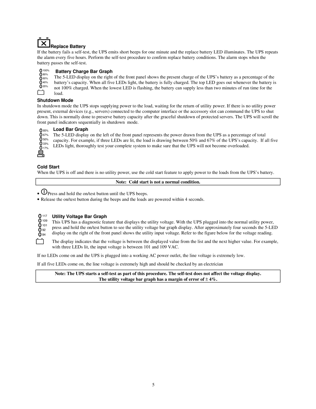 NEC N8580-31 user manual Replace Battery, Battery Charge Bar Graph, Shutdown Mode, Load Bar Graph, Cold Start 