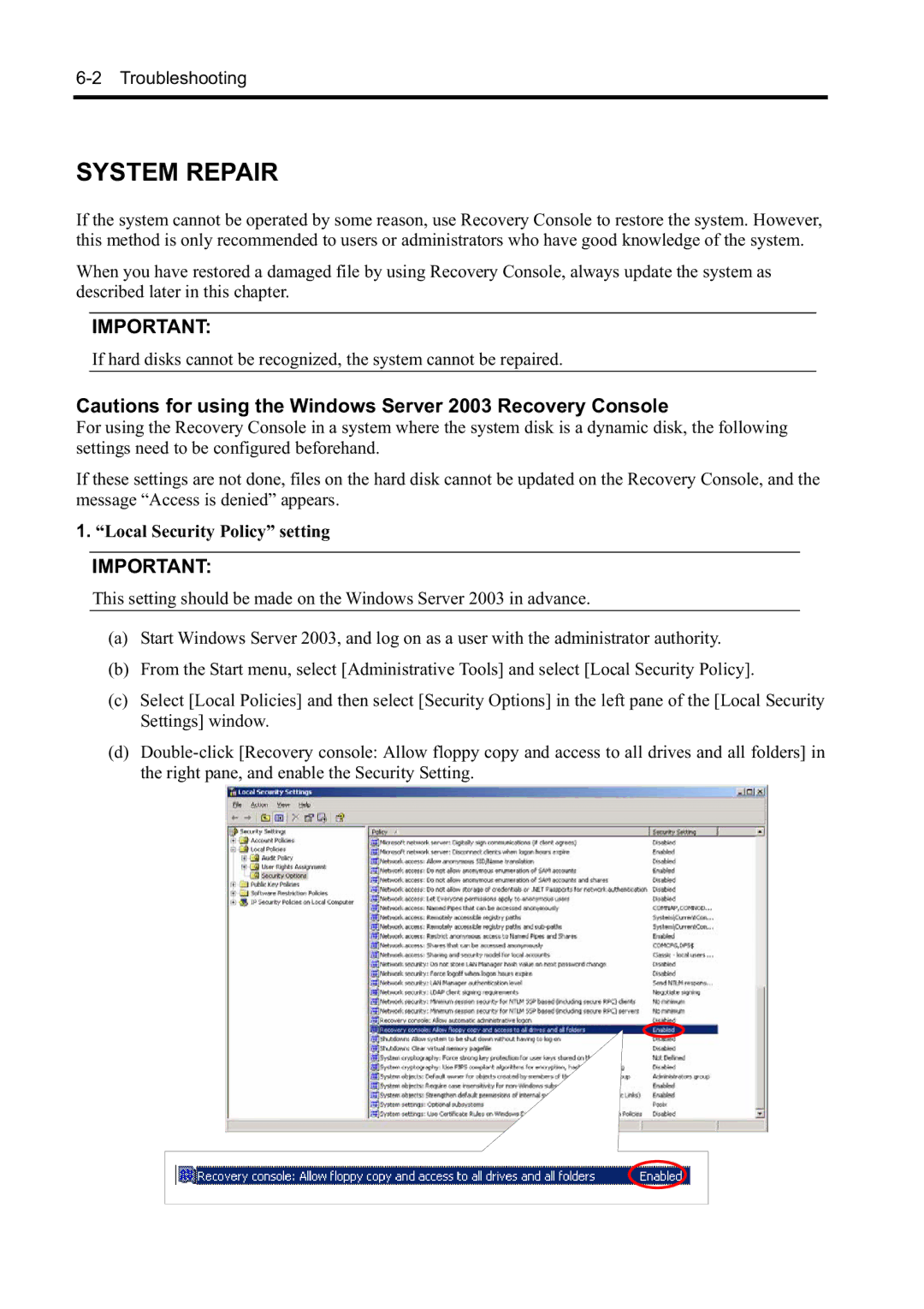 NEC N8800-098F, N8800-097F, N8800-099F, N8800-096F manual System Repair, Local Security Policy setting 