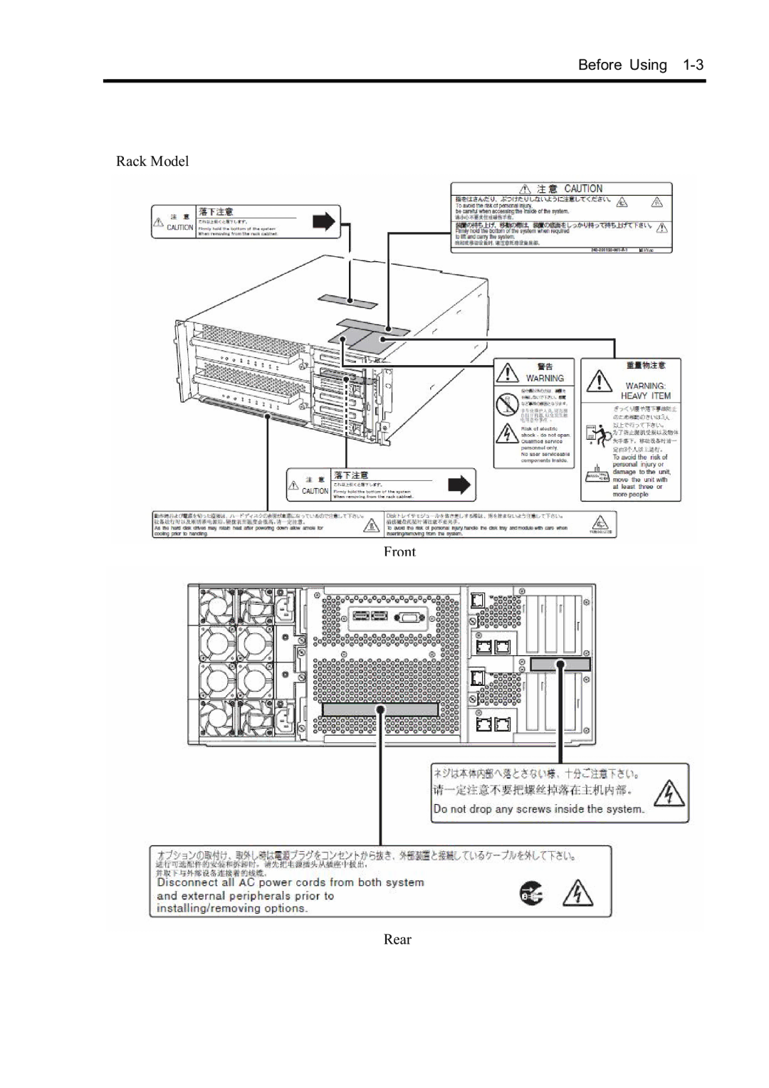 NEC N8800-099F, N8800-097F, N8800-098F, N8800-096F manual Rack Model Front Rear 