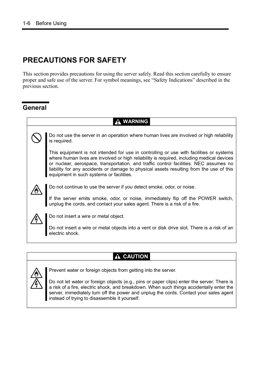 NEC N8800-097F, N8800-099F, N8800-098F, N8800-096F manual Precautions for Safety, General 