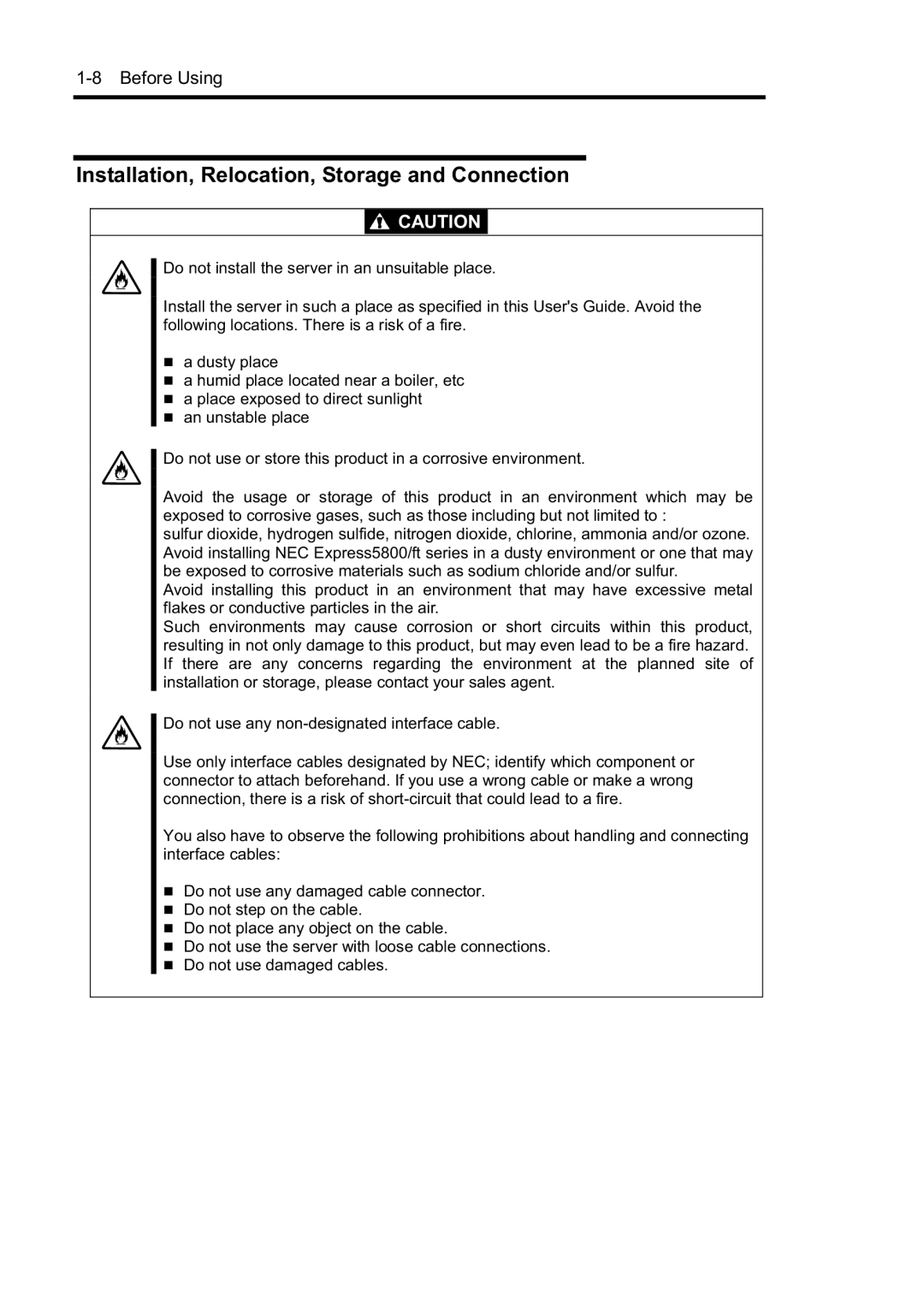 NEC N8800-098F, N8800-097F, N8800-099F, N8800-096F manual Installation, Relocation, Storage and Connection 