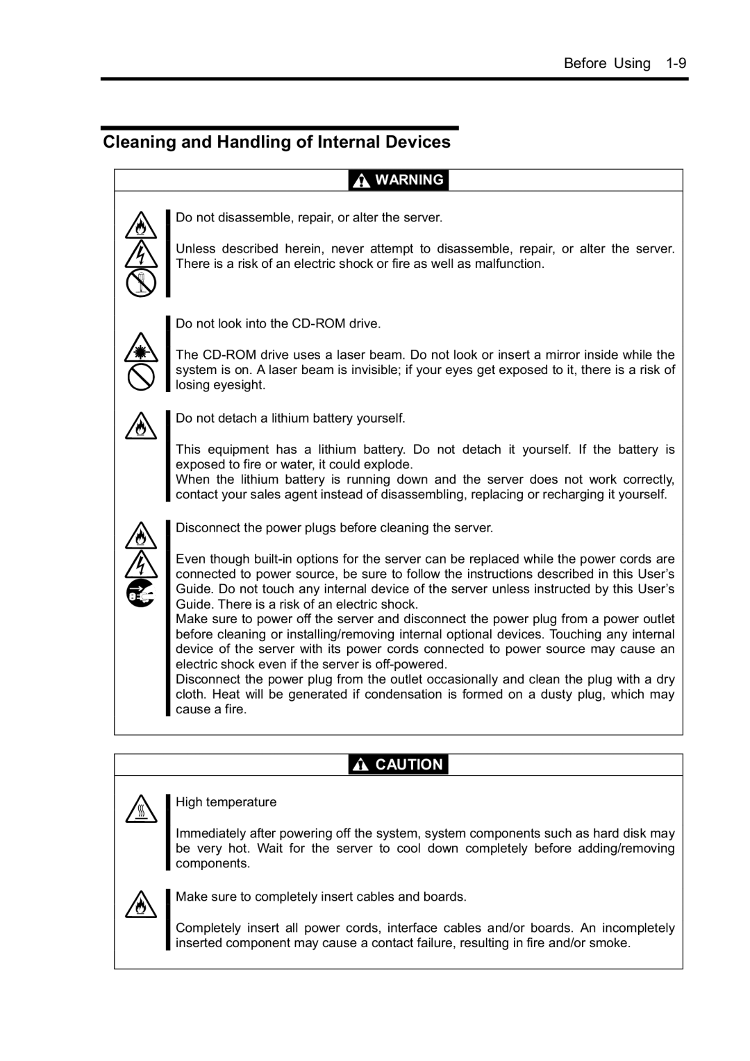 NEC N8800-096F, N8800-097F, N8800-099F, N8800-098F manual Cleaning and Handling of Internal Devices 