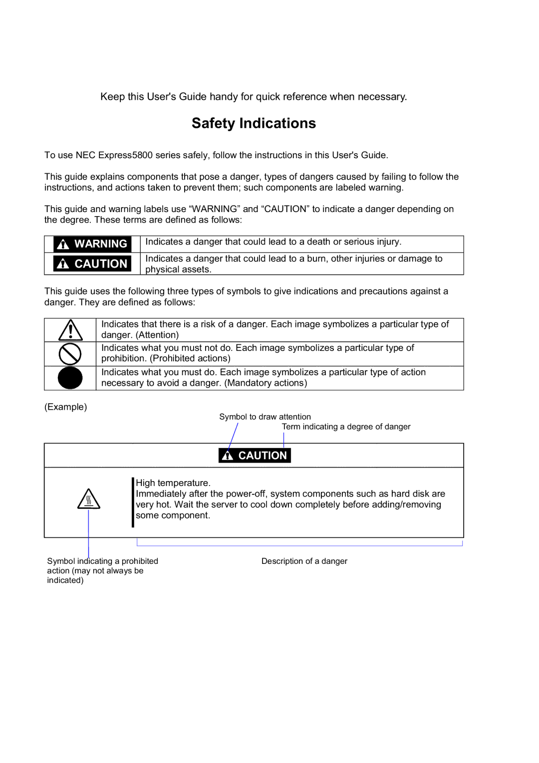 NEC N8800-097F, N8800-099F, N8800-098F, N8800-096F manual Safety Indications 