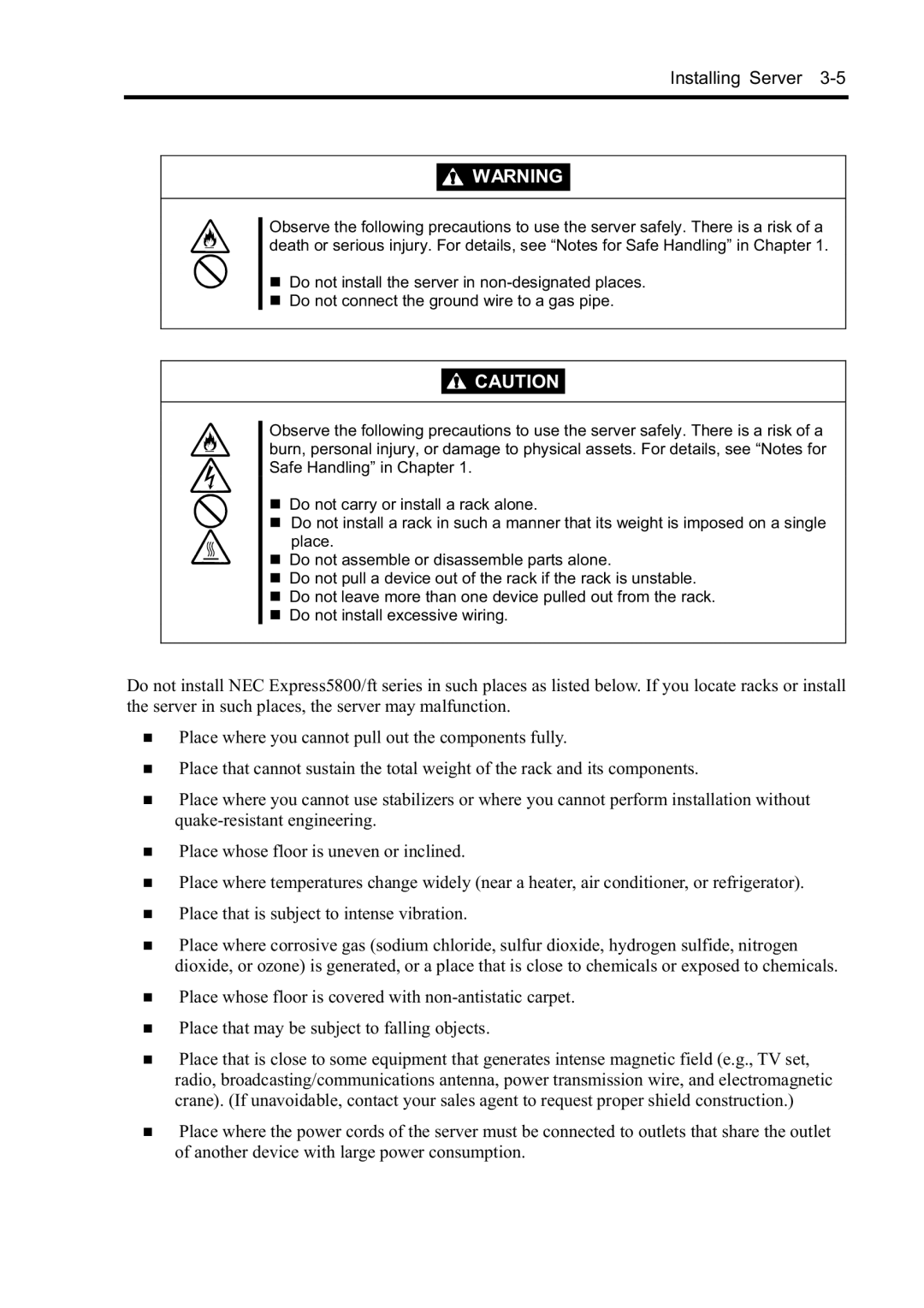 NEC N8800-096F, N8800-097F, N8800-099F, N8800-098F manual Installing Server 