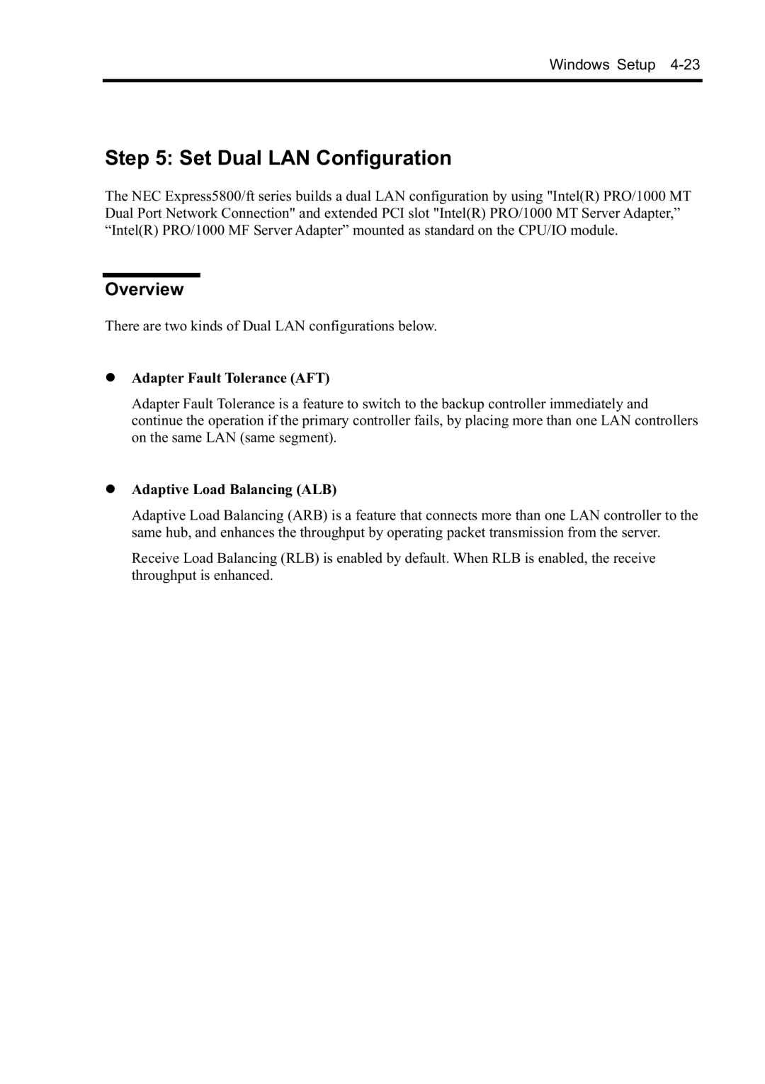 NEC N8800-096F, N8800-097F Set Dual LAN Configuration, Overview, Adapter Fault Tolerance AFT, Adaptive Load Balancing ALB 