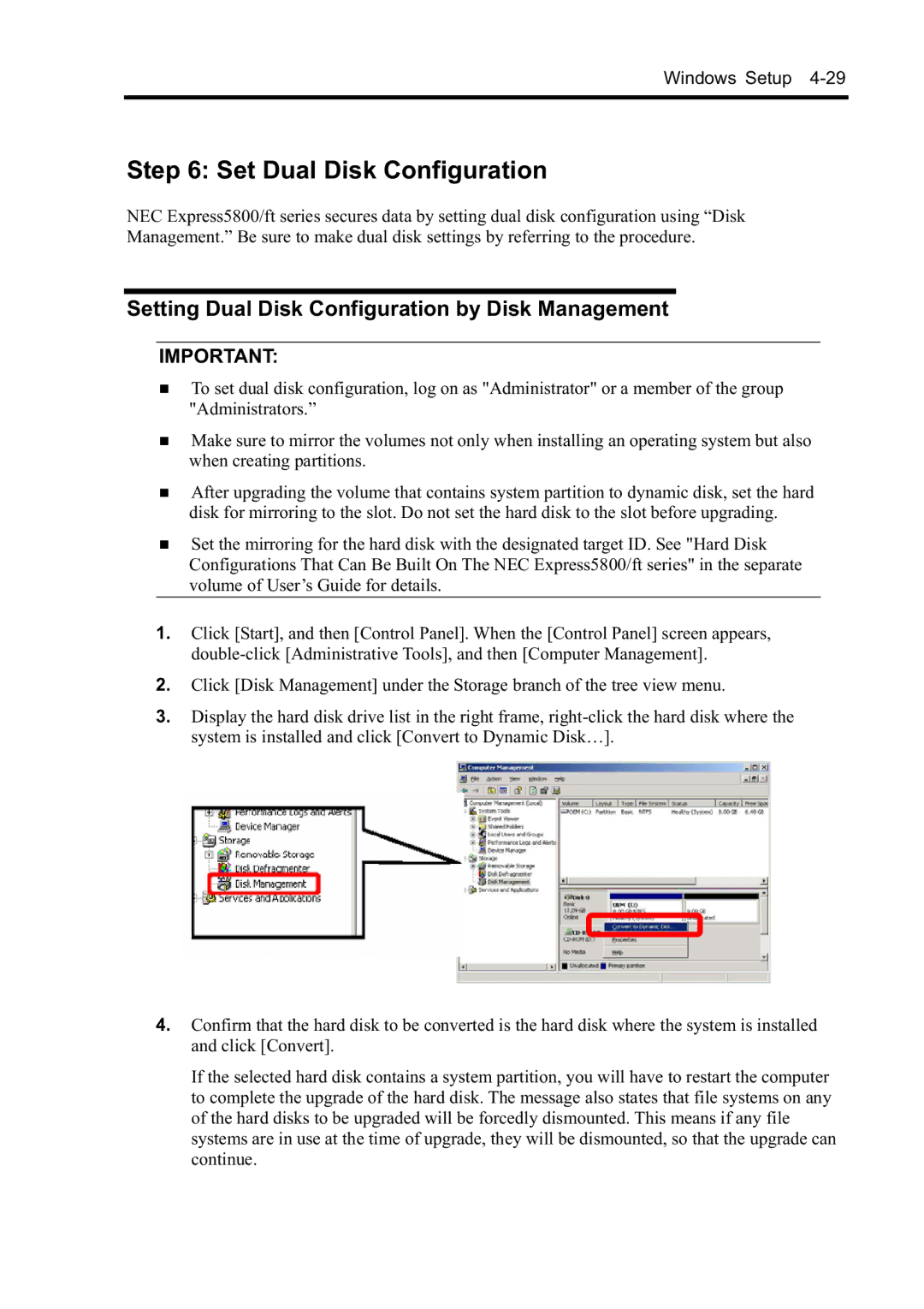 NEC N8800-099F, N8800-097F, N8800-098F manual Set Dual Disk Configuration, Setting Dual Disk Configuration by Disk Management 