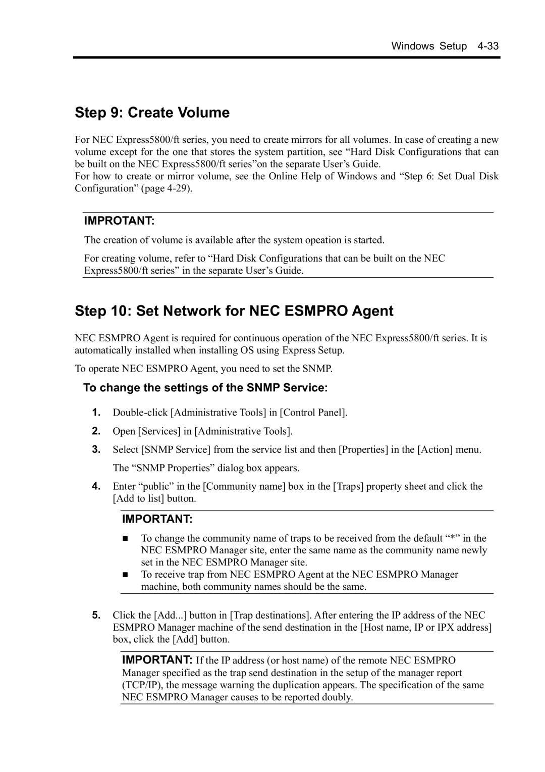 NEC N8800-099F, N8800-097F, N8800-098F, N8800-096F manual Create Volume, Set Network for NEC Esmpro Agent 