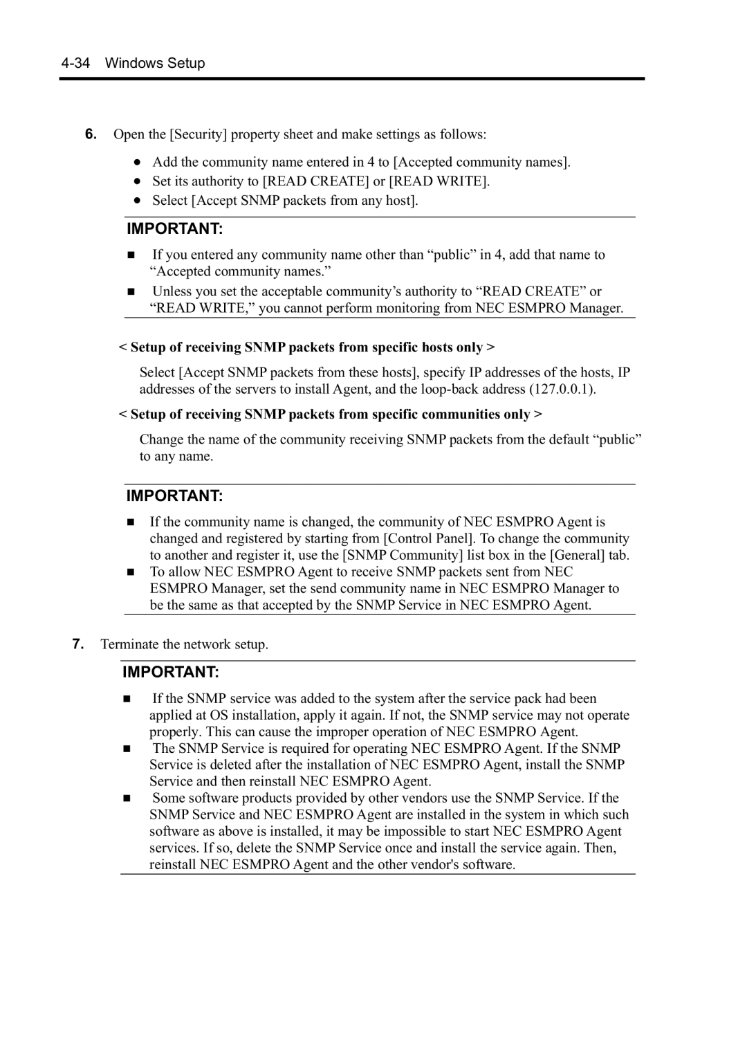 NEC N8800-098F, N8800-097F manual Setup of receiving Snmp packets from specific hosts only, Terminate the network setup 