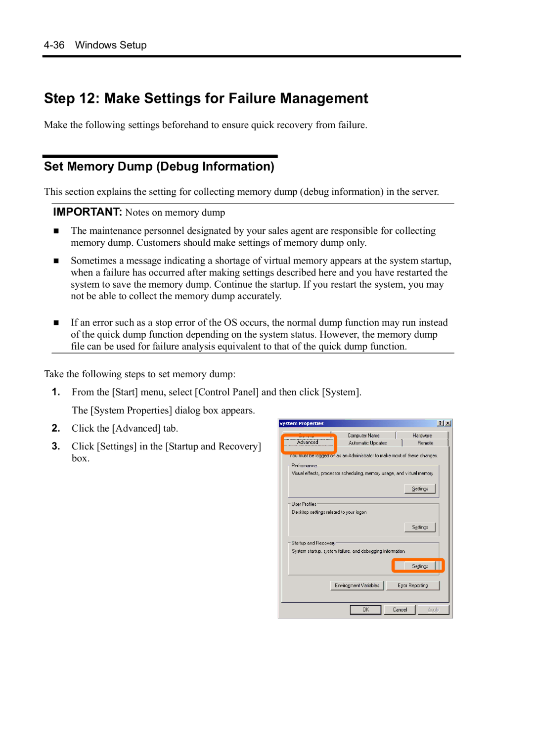 NEC N8800-097F, N8800-099F, N8800-098F, N8800-096F Make Settings for Failure Management, Set Memory Dump Debug Information 