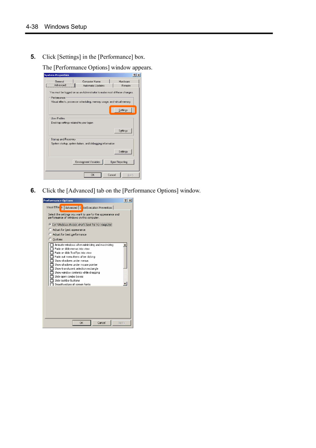 NEC N8800-098F, N8800-097F, N8800-099F, N8800-096F manual Click the Advanced tab on the Performance Options window 