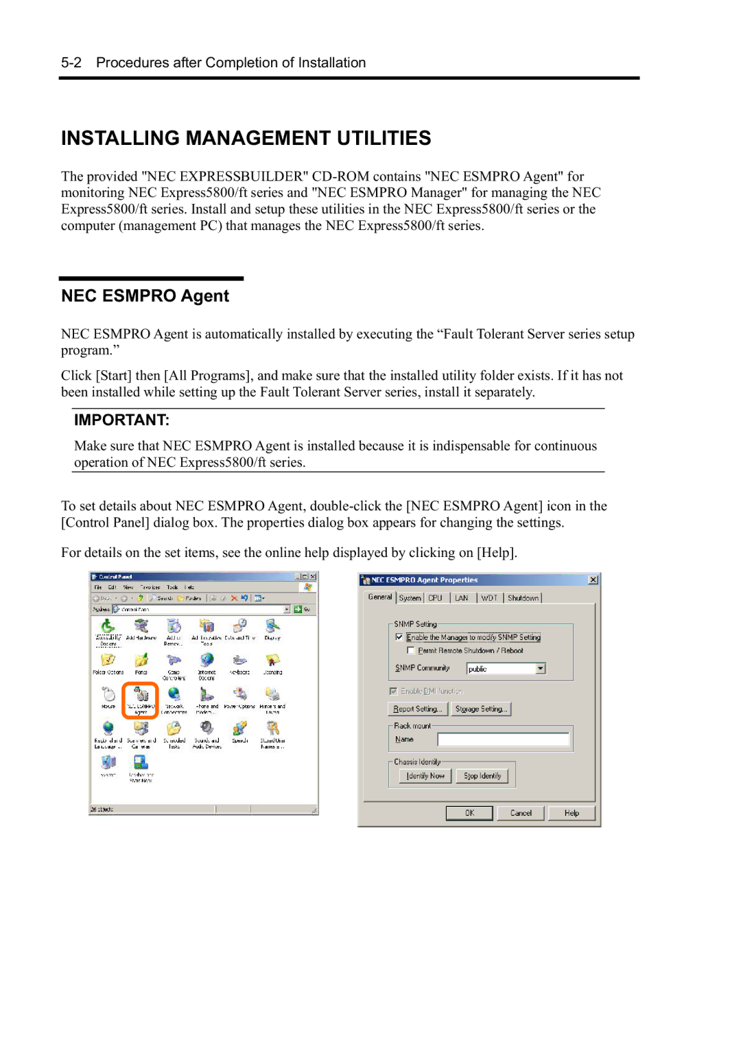 NEC N8800-098F, N8800-097F, N8800-099F, N8800-096F manual Installing Management Utilities, NEC Esmpro Agent 