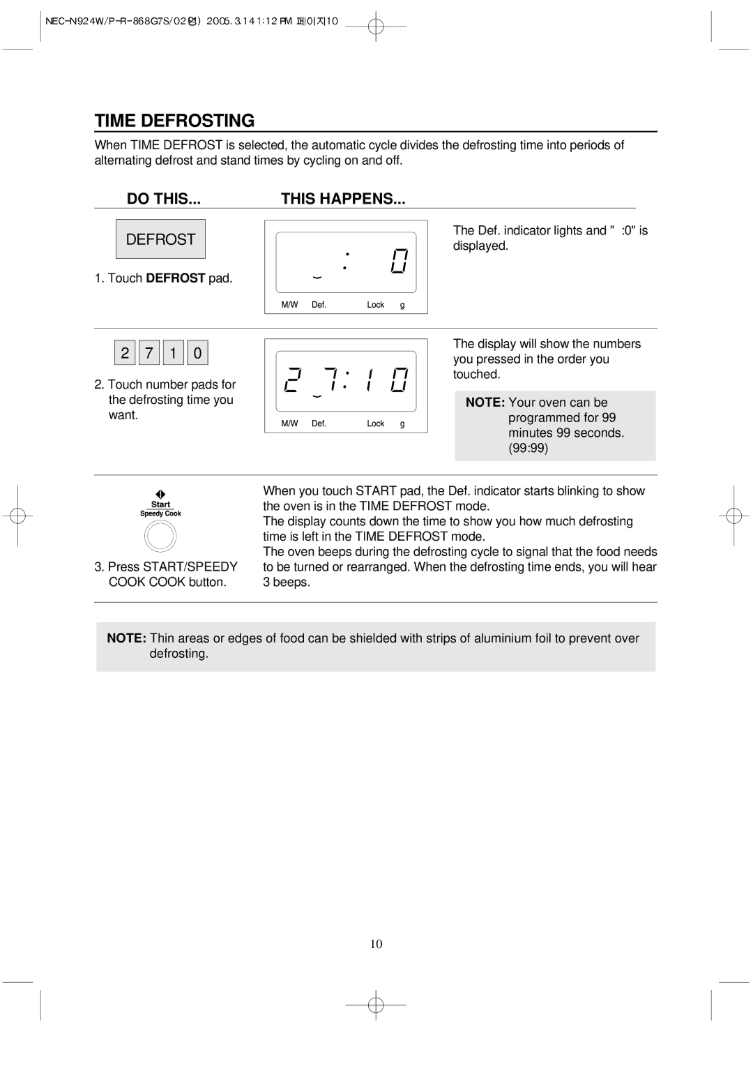 NEC N924P, N924W manual Time Defrosting 