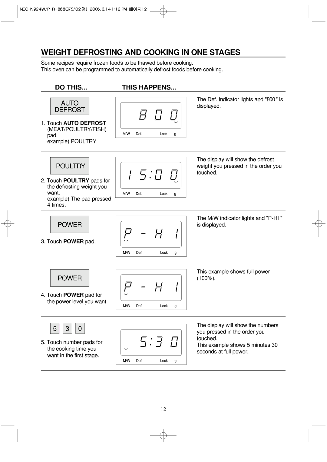 NEC N924P, N924W manual Weight Defrosting and Cooking in ONE Stages, Touch Auto Defrost MEAT/POULTRY/FISH pad 