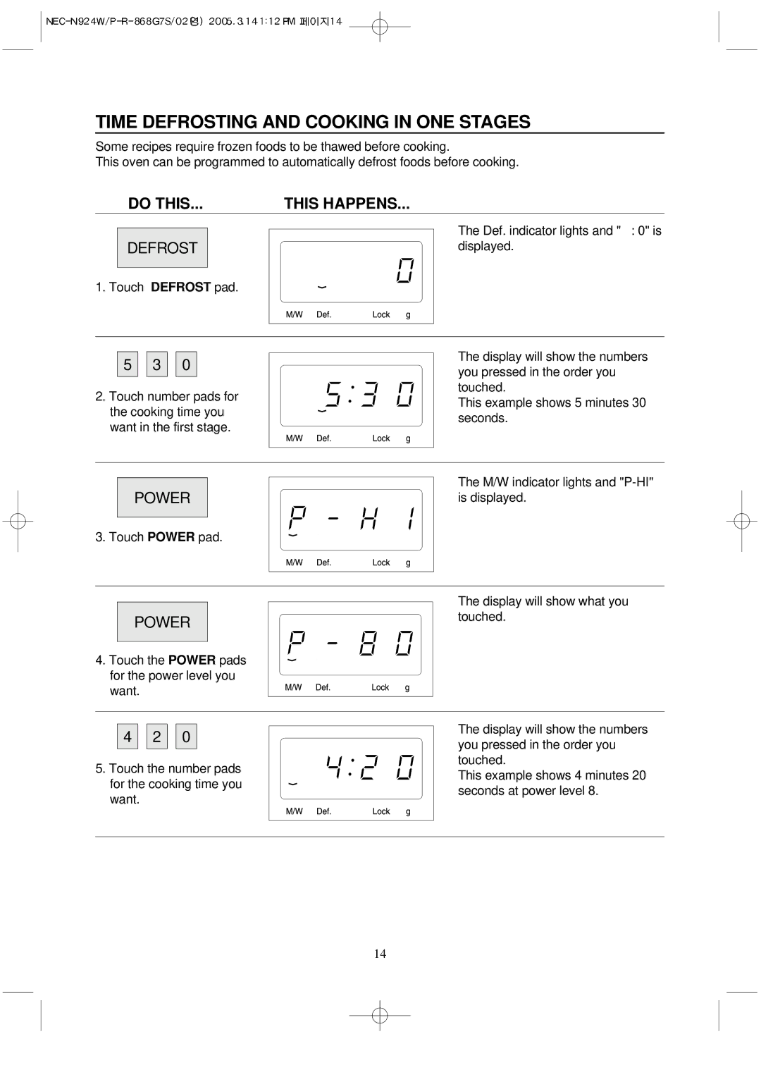 NEC N924P, N924W manual Time Defrosting and Cooking in ONE Stages 