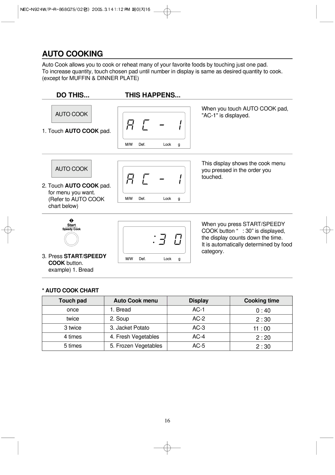 NEC N924P, N924W manual Auto Cooking, Press START/SPEEDY Cook button. example 1. Bread, Auto Cook Chart 