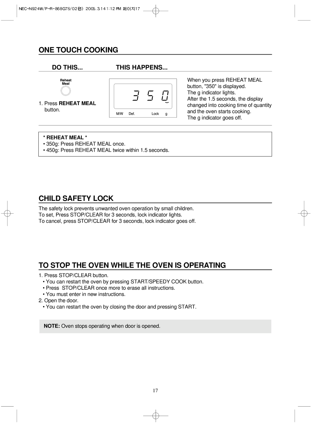 NEC N924W, N924P ONE Touch Cooking, Child Safety Lock, To Stop the Oven While the Oven is Operating, Do this, Reheat Meal 