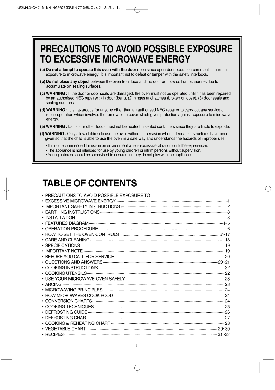 NEC N924W, N924P manual Table of Contents 