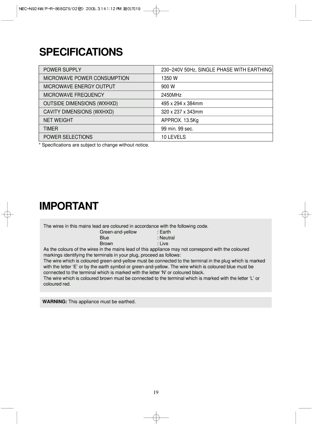 NEC N924W, N924P manual Specifications, Power Selections Levels 