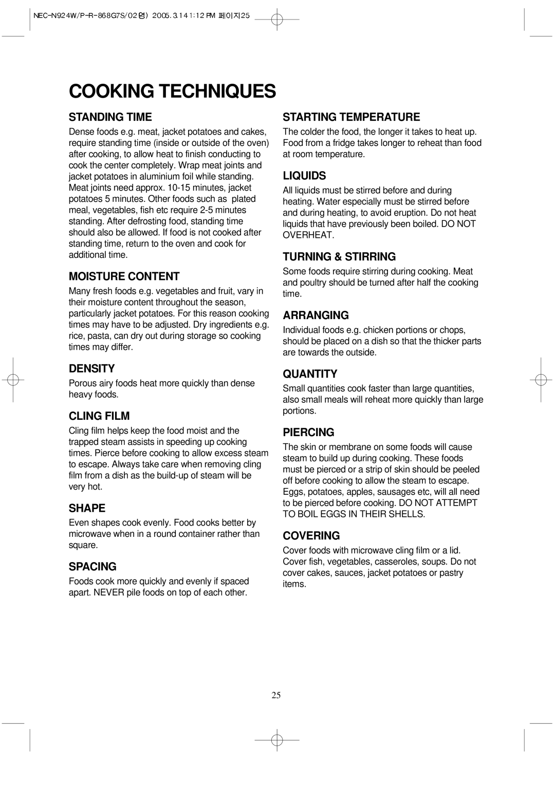 NEC N924W, N924P manual Cooking Techniques 
