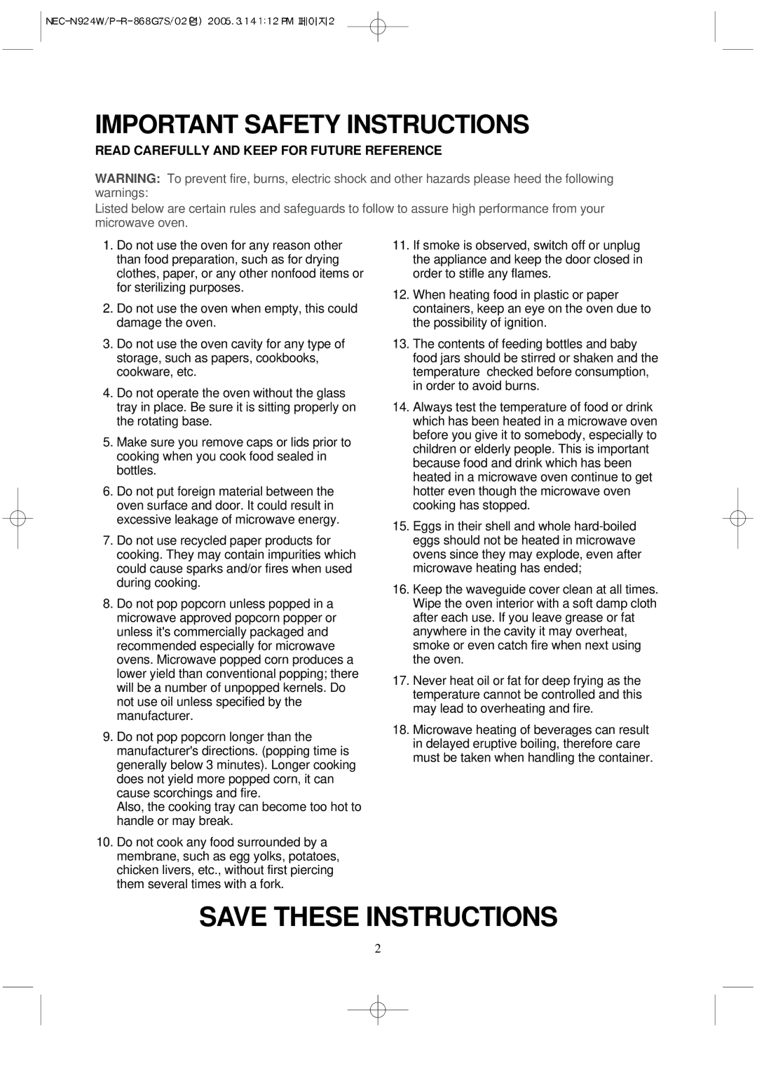 NEC N924P, N924W manual Important Safety Instructions, Read Carefully and Keep for Future Reference 