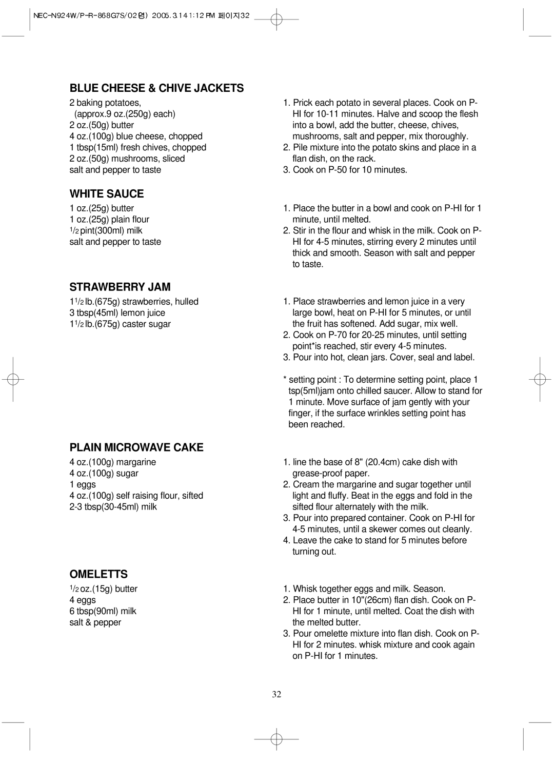 NEC N924P, N924W manual Blue Cheese & Chive Jackets, White Sauce, Strawberry JAM, Plain Microwave Cake, Omeletts 
