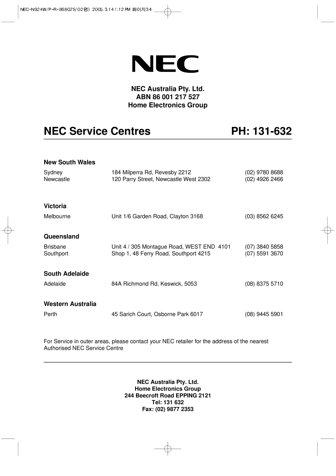 NEC N924P, N924W manual NEC Service Centres 