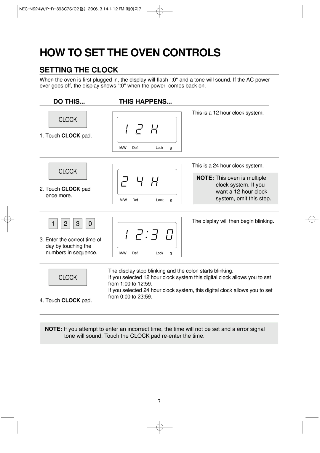 NEC N924W, N924P manual HOW to SET the Oven Controls, Setting the Clock, Do this This Happens 