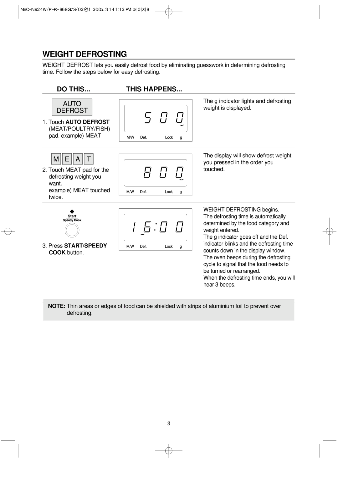 NEC N924P, N924W manual Weight Defrosting, Touch Auto Defrost MEAT/POULTRY/FISH pad. example Meat, Press START/SPEEDY 