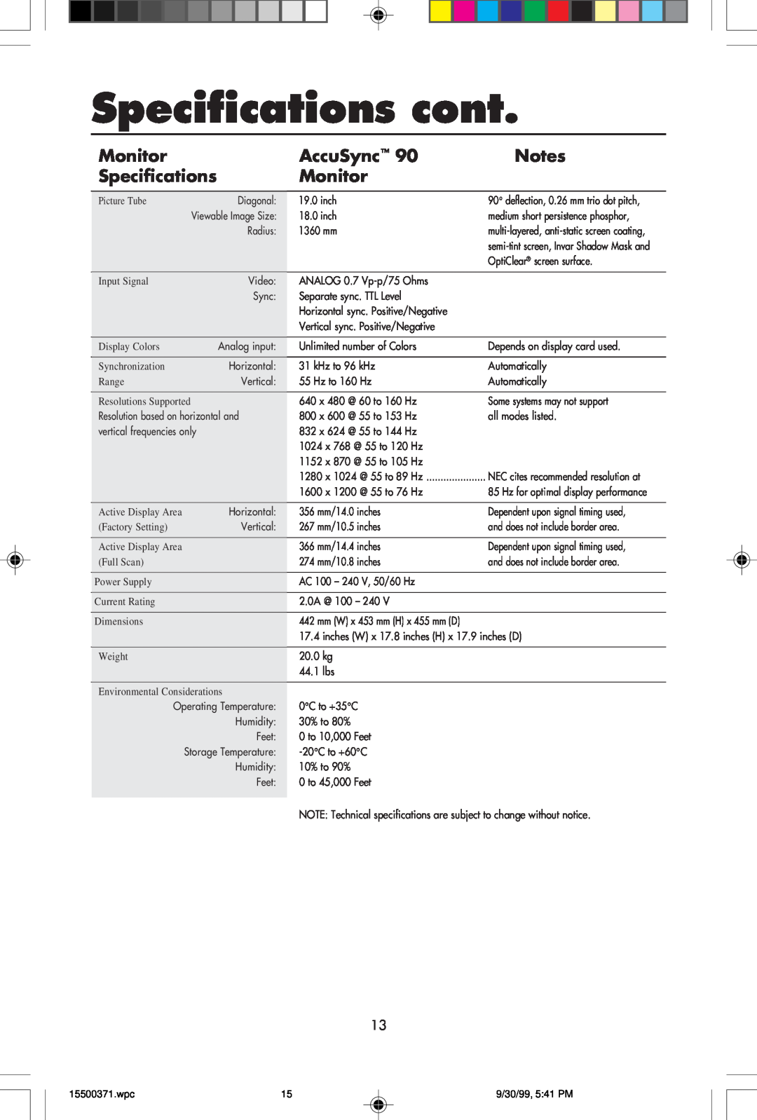 NEC N9701, N9501, N9902 user manual Specifications cont, Monitor, AccuSync 