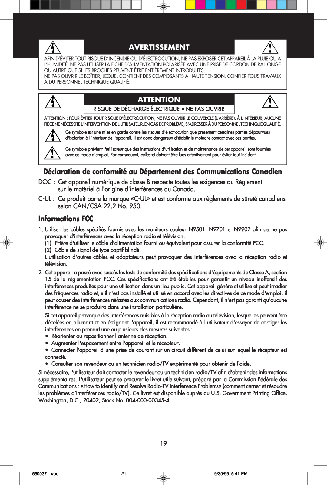 NEC N9701, N9501 Avertissement, Déclaration de conformité au Département des Communications Canadien, Informations FCC 