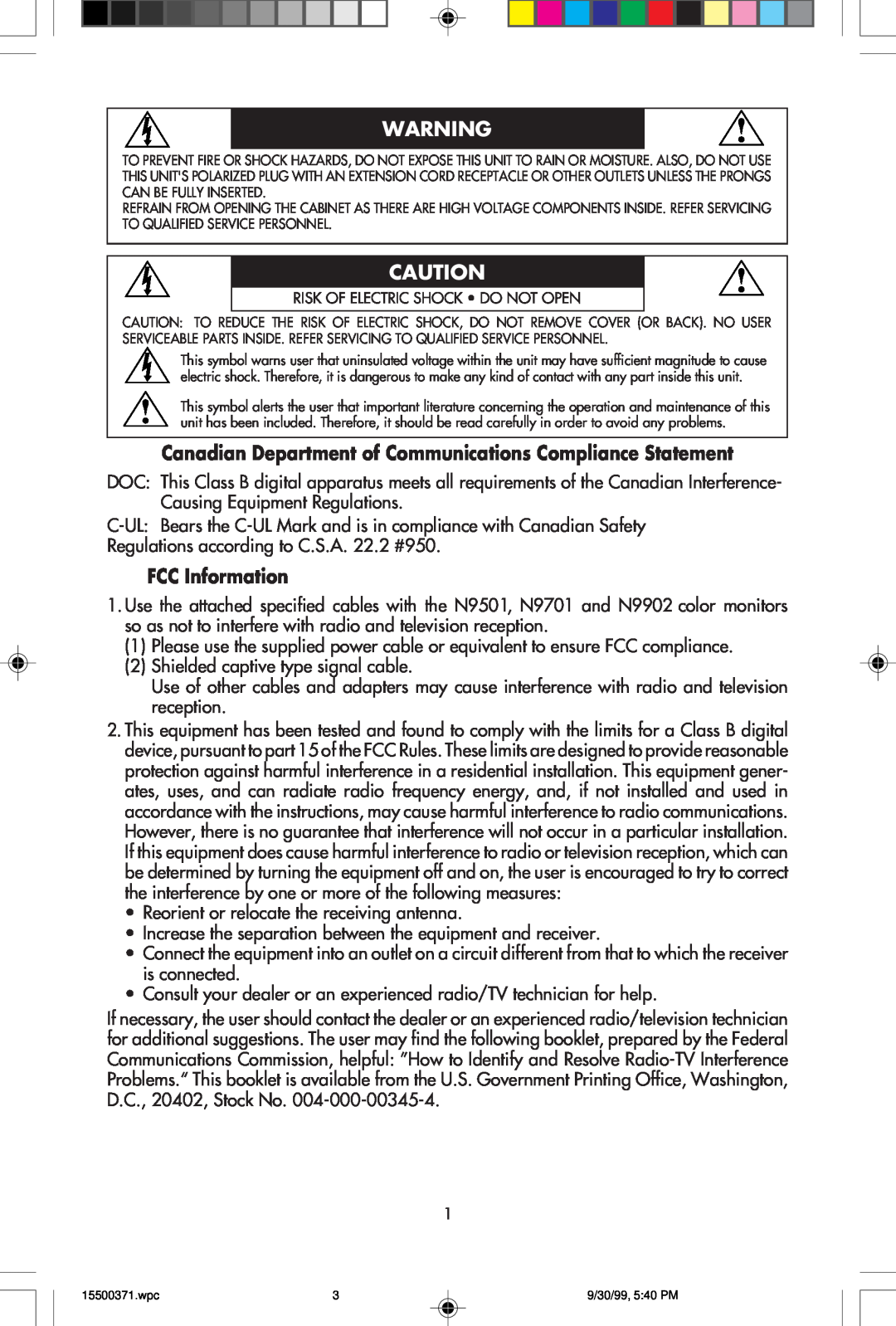 NEC N9701, N9501, N9902 user manual Canadian Department of Communications Compliance Statement, FCC Information 