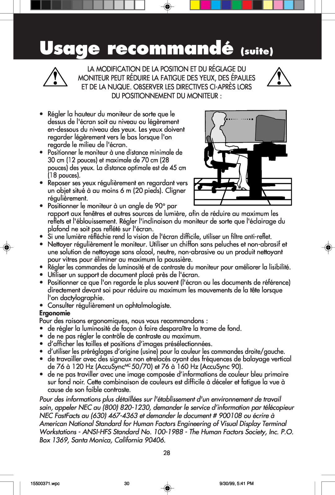 NEC N9701, N9501 Usage recommandé suite, La Modification De La Position Et Du Réglage Du, Du Positionnement Du Moniteur 