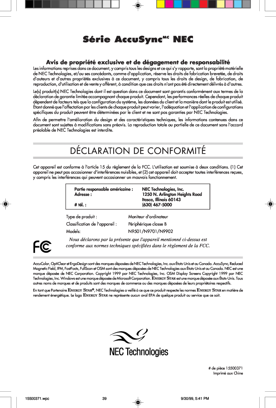 NEC N9701 Série AccuSyncMC NEC, Déclaration De Conformité, Avis de propriété exclusive et de dégagement de responsabilité 