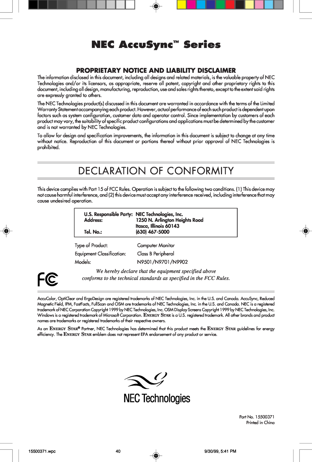 NEC N9501, N9701, N9902 NEC AccuSync Series, Declaration Of Conformity, Proprietary Notice And Liability Disclaimer 