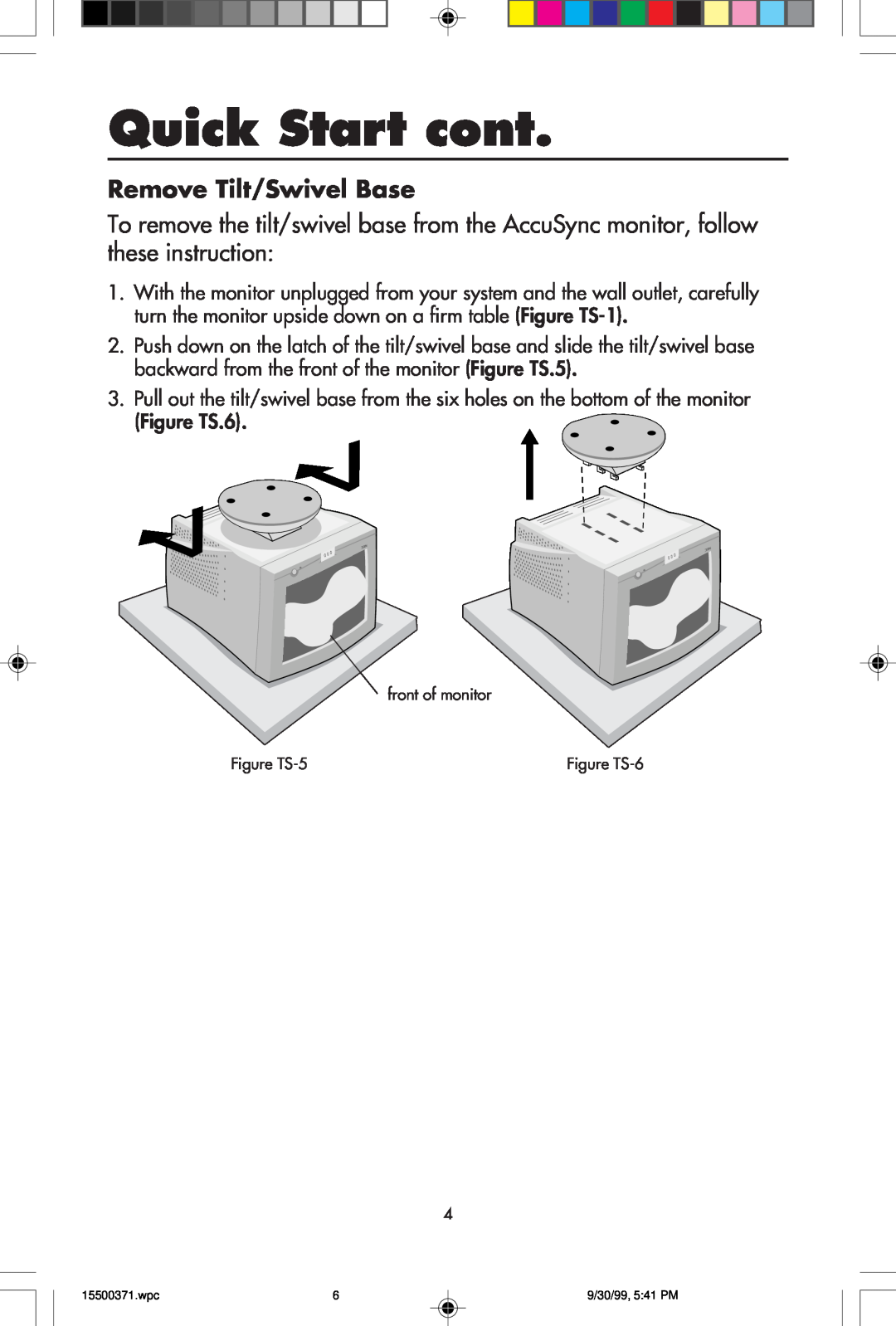 NEC N9701, N9501, N9902 user manual Quick Start cont, Remove Tilt/Swivel Base 