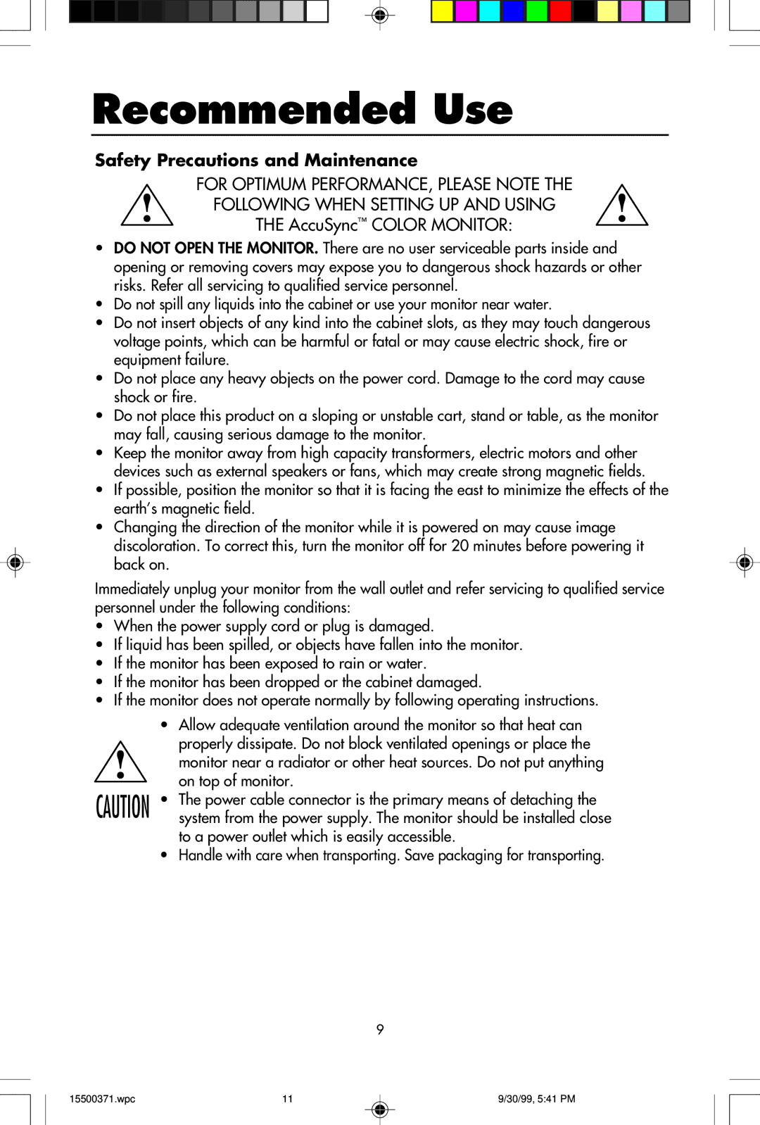 NEC N9902, N9701, N9501 user manual Recommended Use, Safety Precautions and Maintenance 