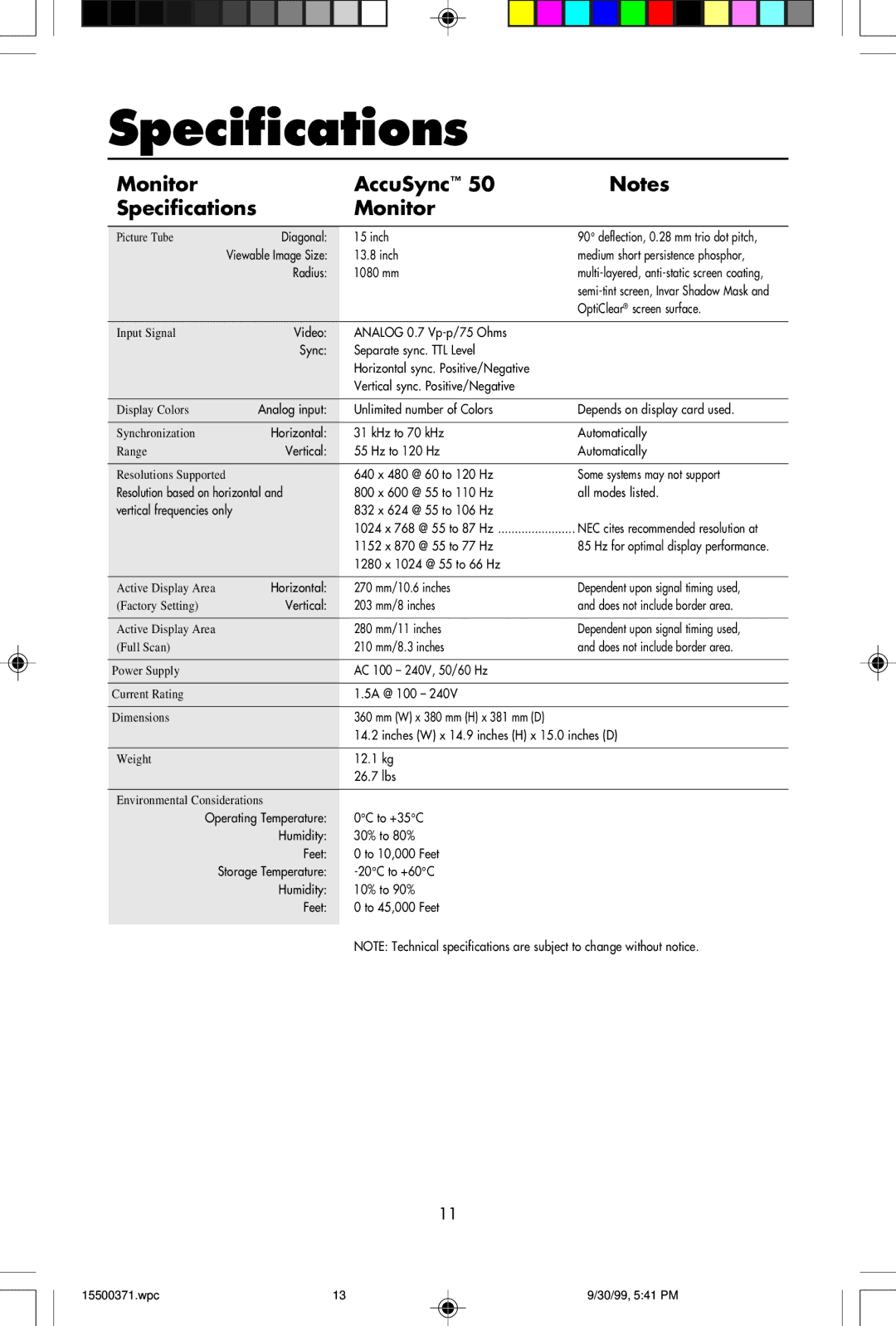 NEC N9501, N9701, N9902 user manual Monitor AccuSync Specifications 