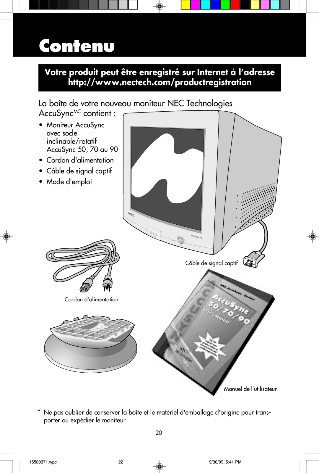 NEC N9501, N9701, N9902 user manual Contenu, Votre produit peut être enregistré sur Internet à l’adresse 