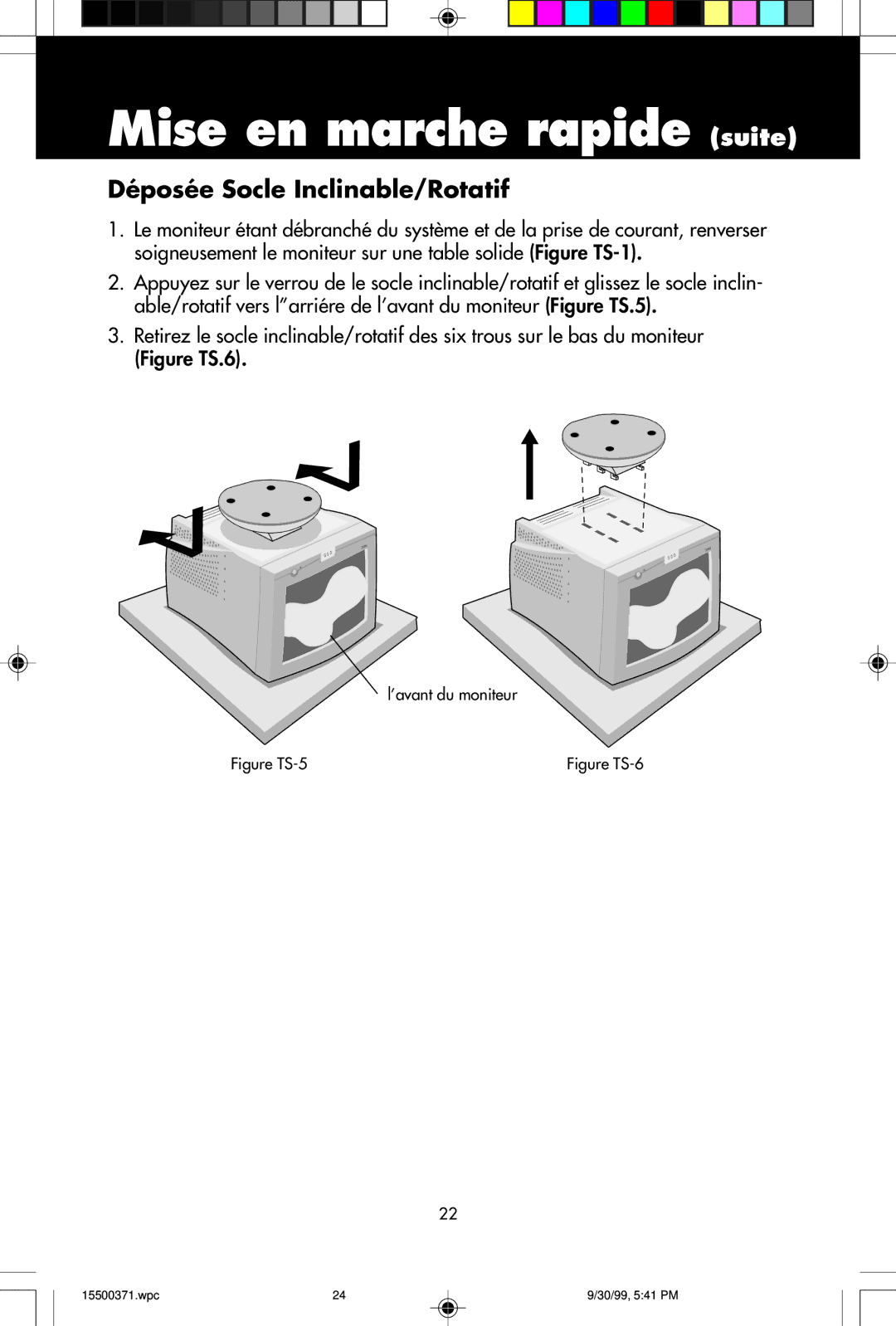 NEC N9701, N9501, N9902 user manual Mise en marche rapide suite, Déposée Socle Inclinable/Rotatif 