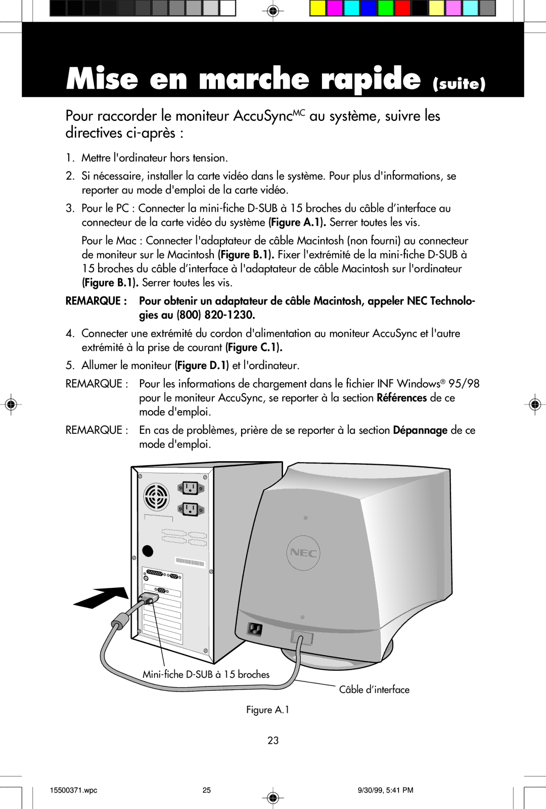 NEC N9501, N9701, N9902 user manual Mini-fiche D-SUB à 15 broches Câble d’interface 