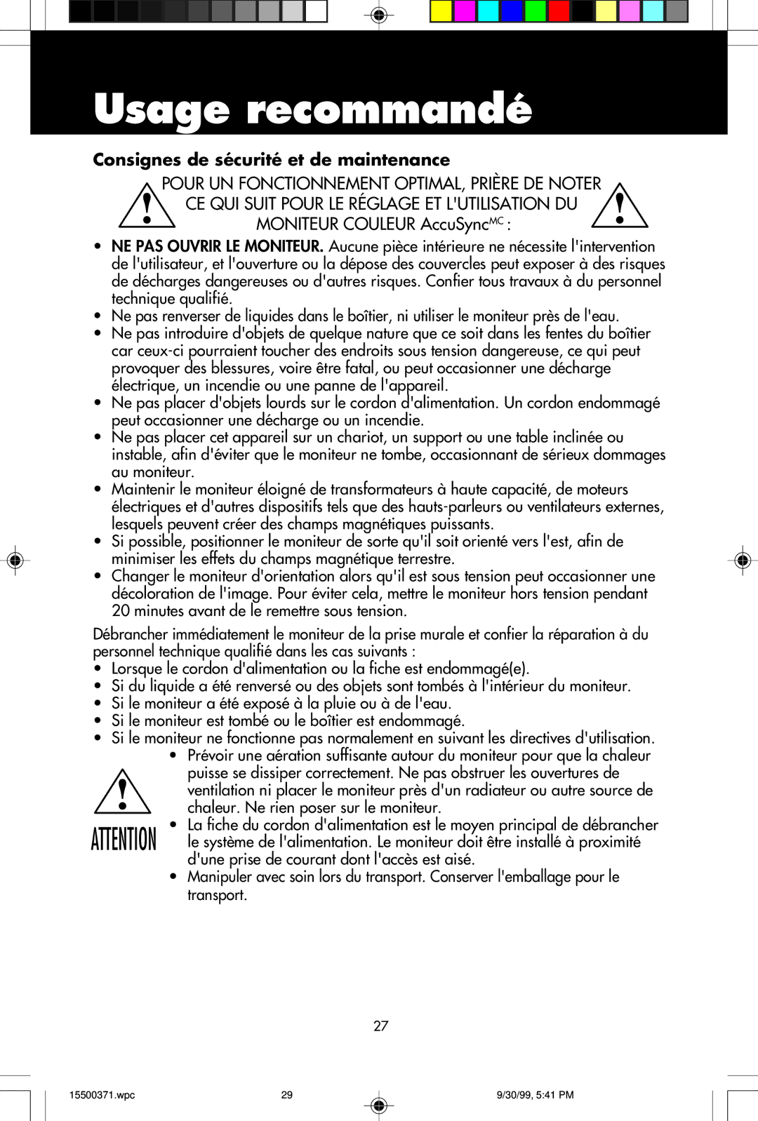 NEC N9902, N9701, N9501 user manual Usage recommandé, Consignes de sécurité et de maintenance 