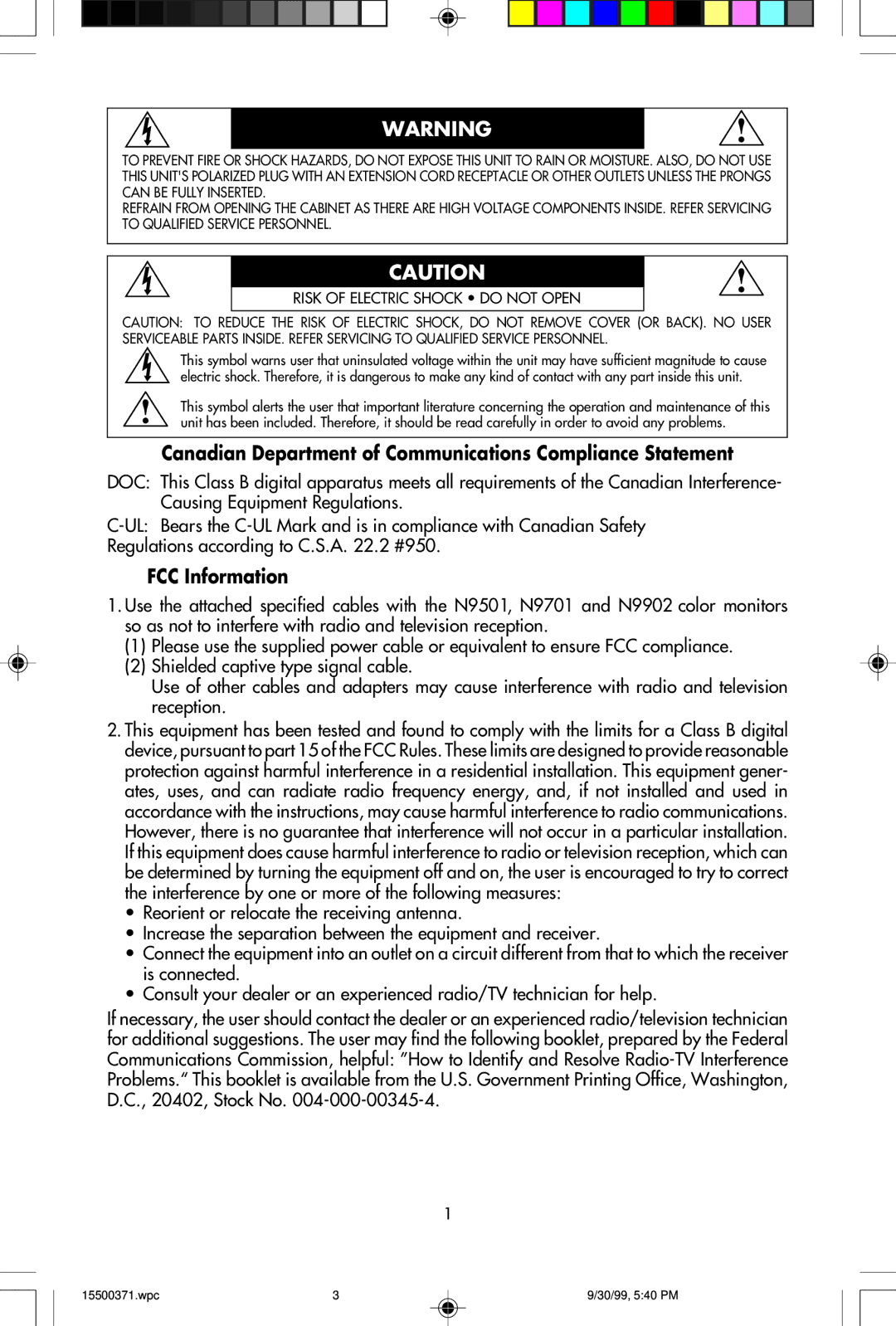 NEC N9701, N9501, N9902 user manual Canadian Department of Communications Compliance Statement, FCC Information 