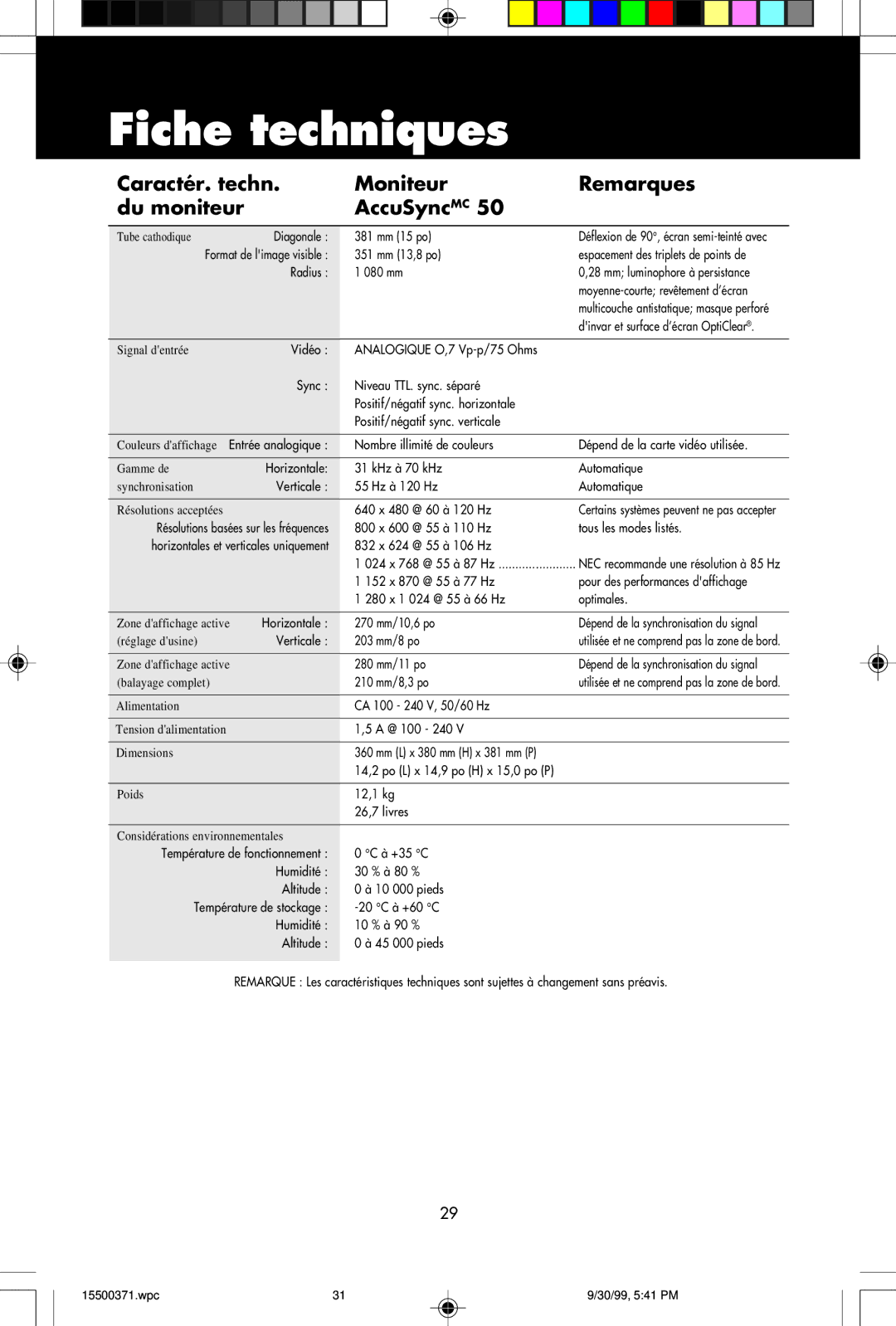 NEC N9501, N9701, N9902 user manual Fiche techniques, Caractér. techn Moniteur Remarques Du moniteur AccuSyncMC 