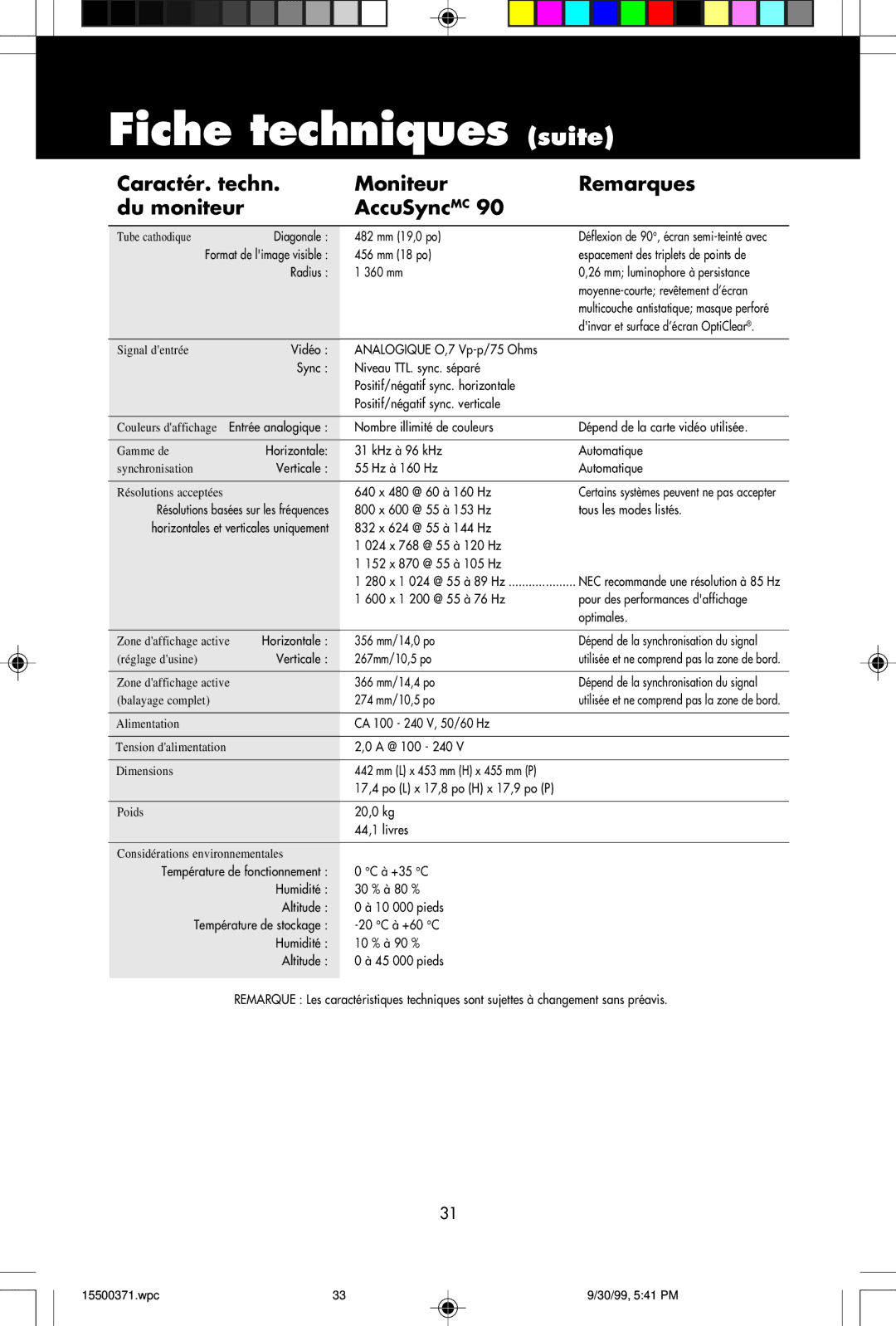 NEC N9701, N9501, N9902 user manual Caractér. techn Moniteur Remarques Du moniteur AccuSync MC, Radius 360 mm 