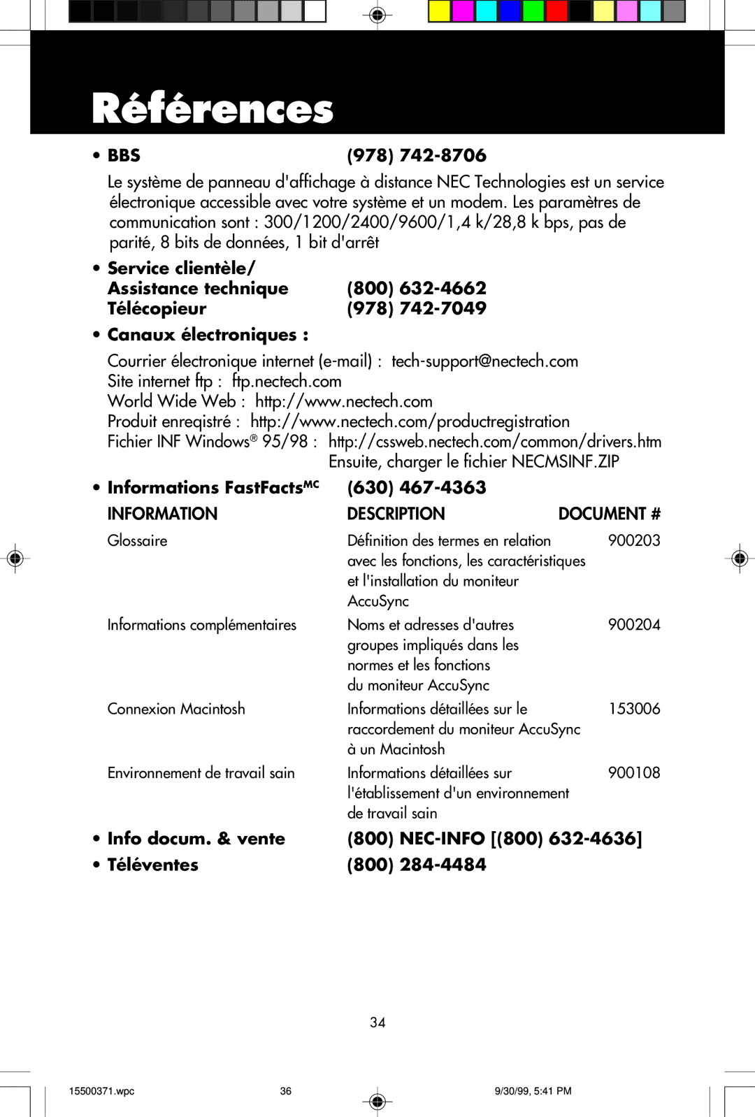 NEC N9701, N9501, N9902 user manual Références, Informations FastFactsMC 630, Info docum. & vente NEC-INFO 800 Téléventes 