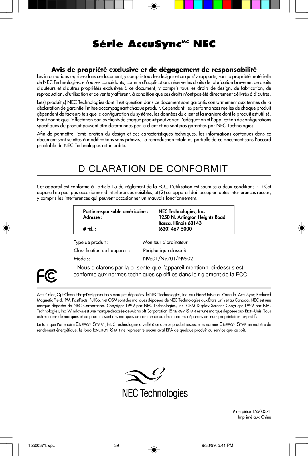 NEC N9701, N9501, N9902 user manual Série AccuSyncMC NEC 