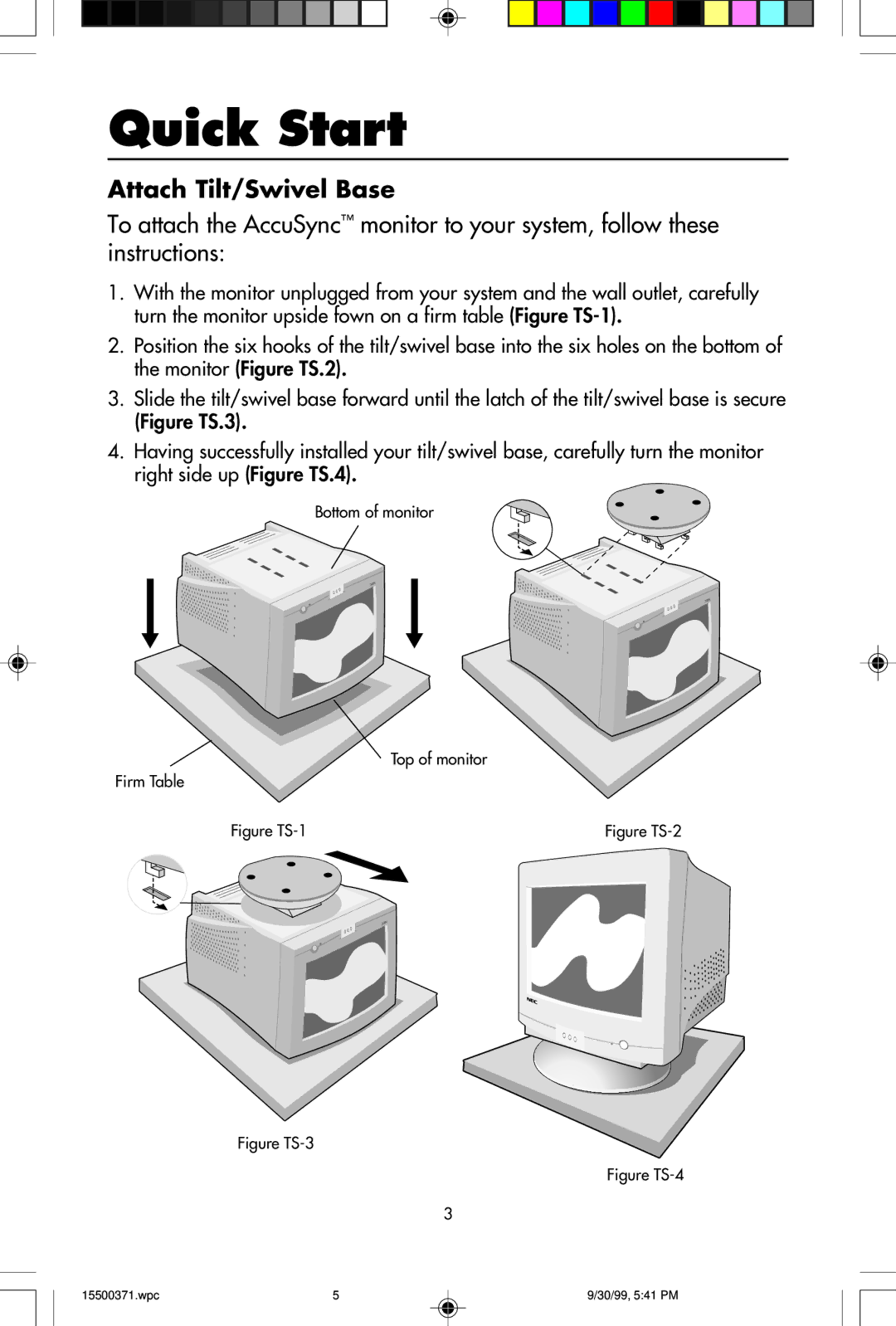 NEC N9902, N9701, N9501 user manual Quick Start, Attach Tilt/Swivel Base 